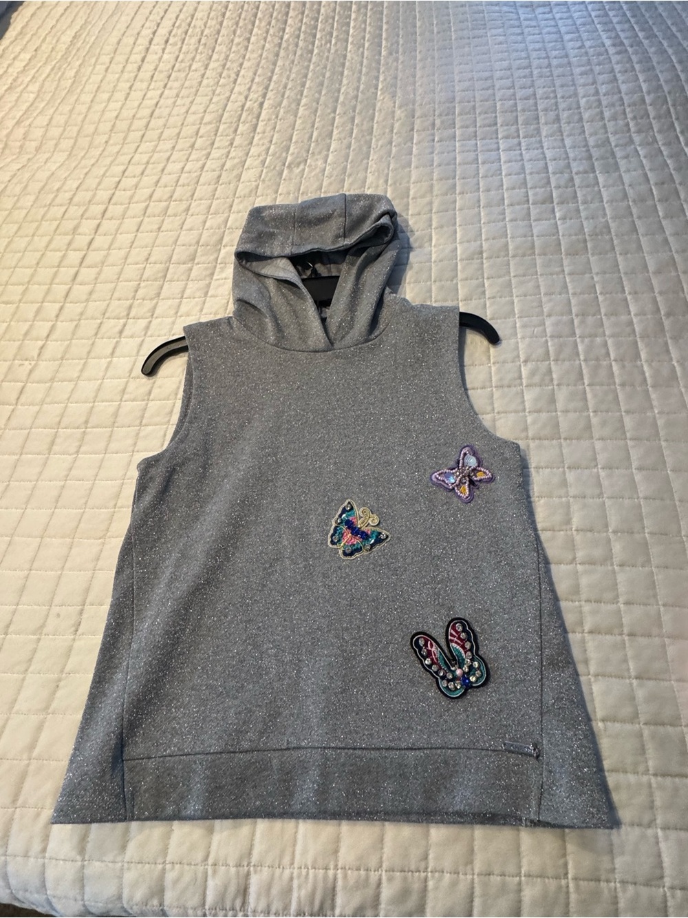 Guess Silver Sparkle Sleeveless Hoodie with Butterfly Patches